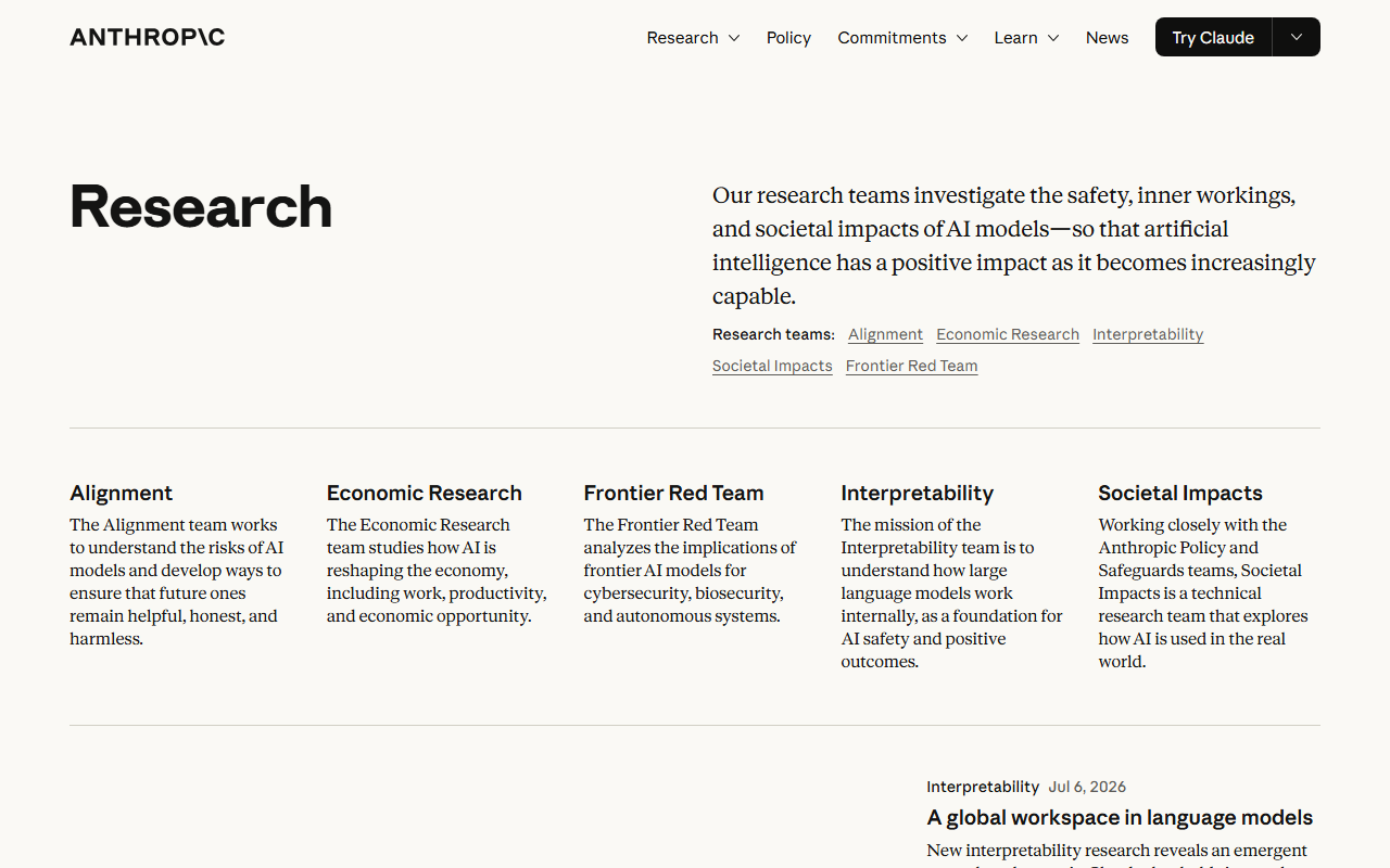 Live capture of Anthropic’s public research page, showing safety- and model-adjacent publications