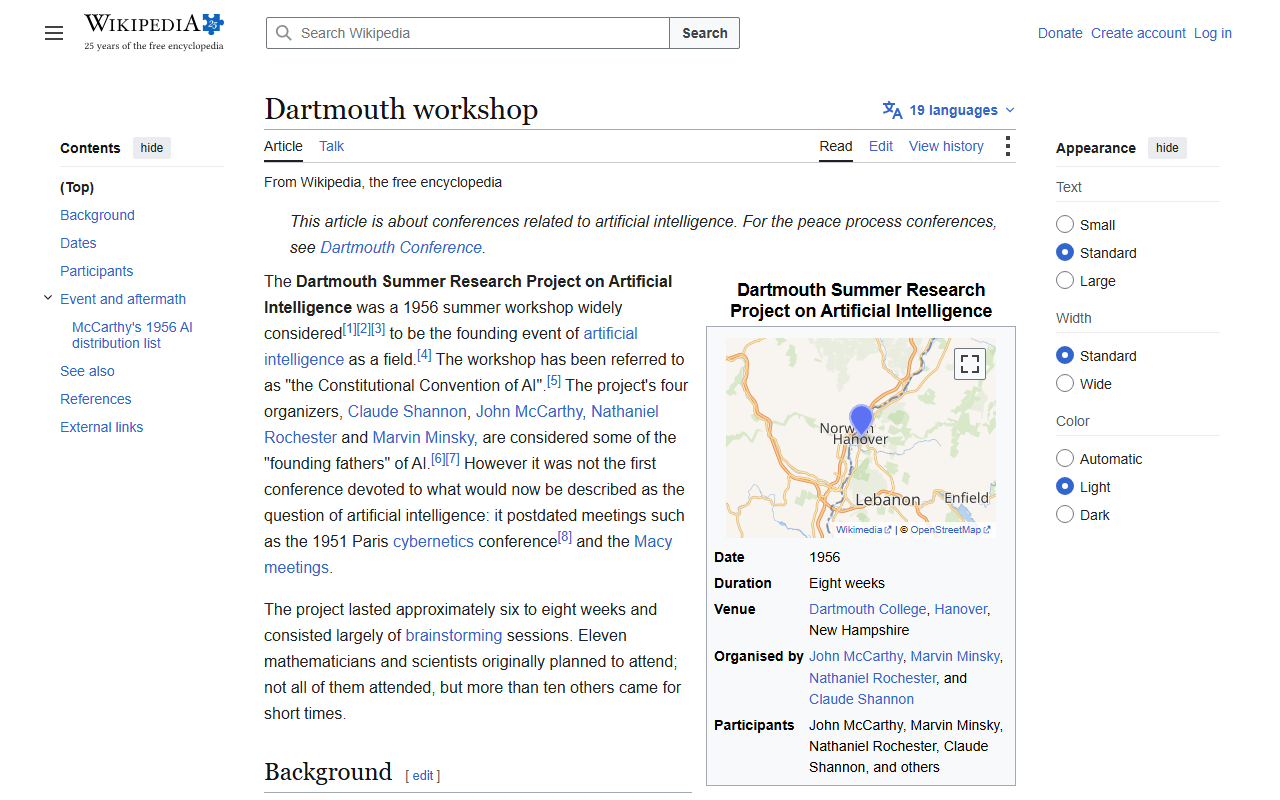 Live capture of the Wikipedia page for the Dartmouth workshop, showing the 1956 proposal and organizers McCarthy, Minsky, Rochester, and Shannon