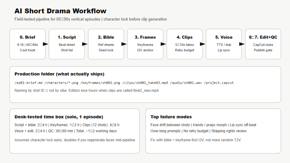 AI short drama workflow diagram from brief through script, character bible, keyframes, clips, voice, edit and QC