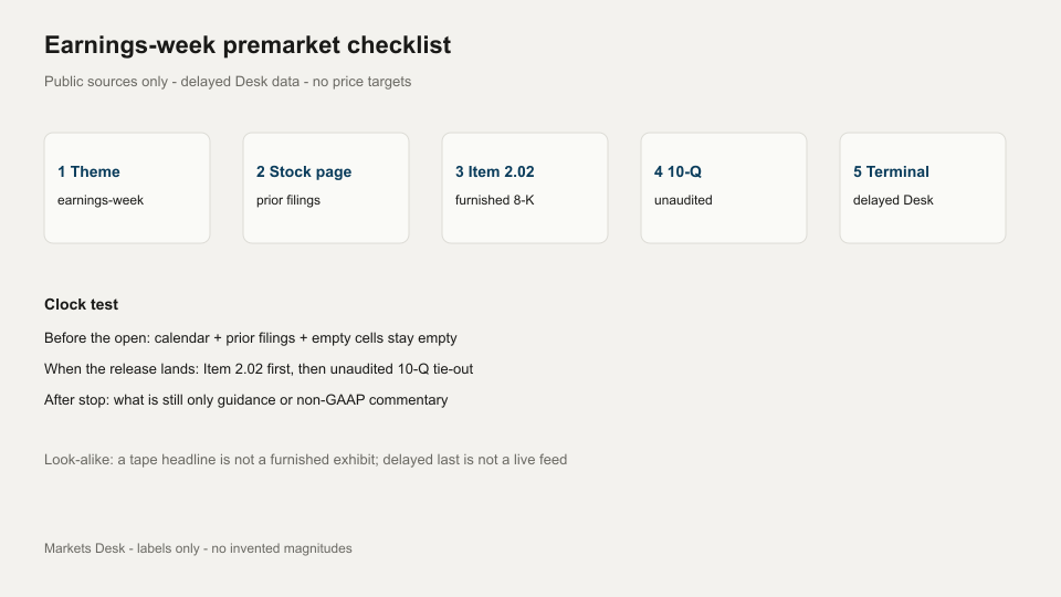 Premarket earnings checklist flow: earnings-week theme, stock page, Item 2.02 furnished 8-K, unaudited 10-Q, delayed Desk terminal