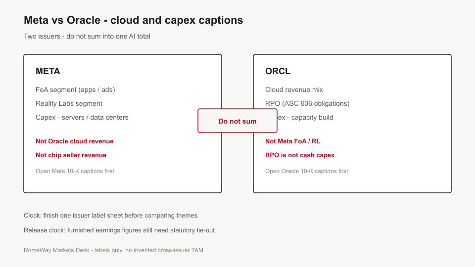 Split diagram: Meta FoA RL and capex vs Oracle cloud revenue RPO and capex with no summed AI total