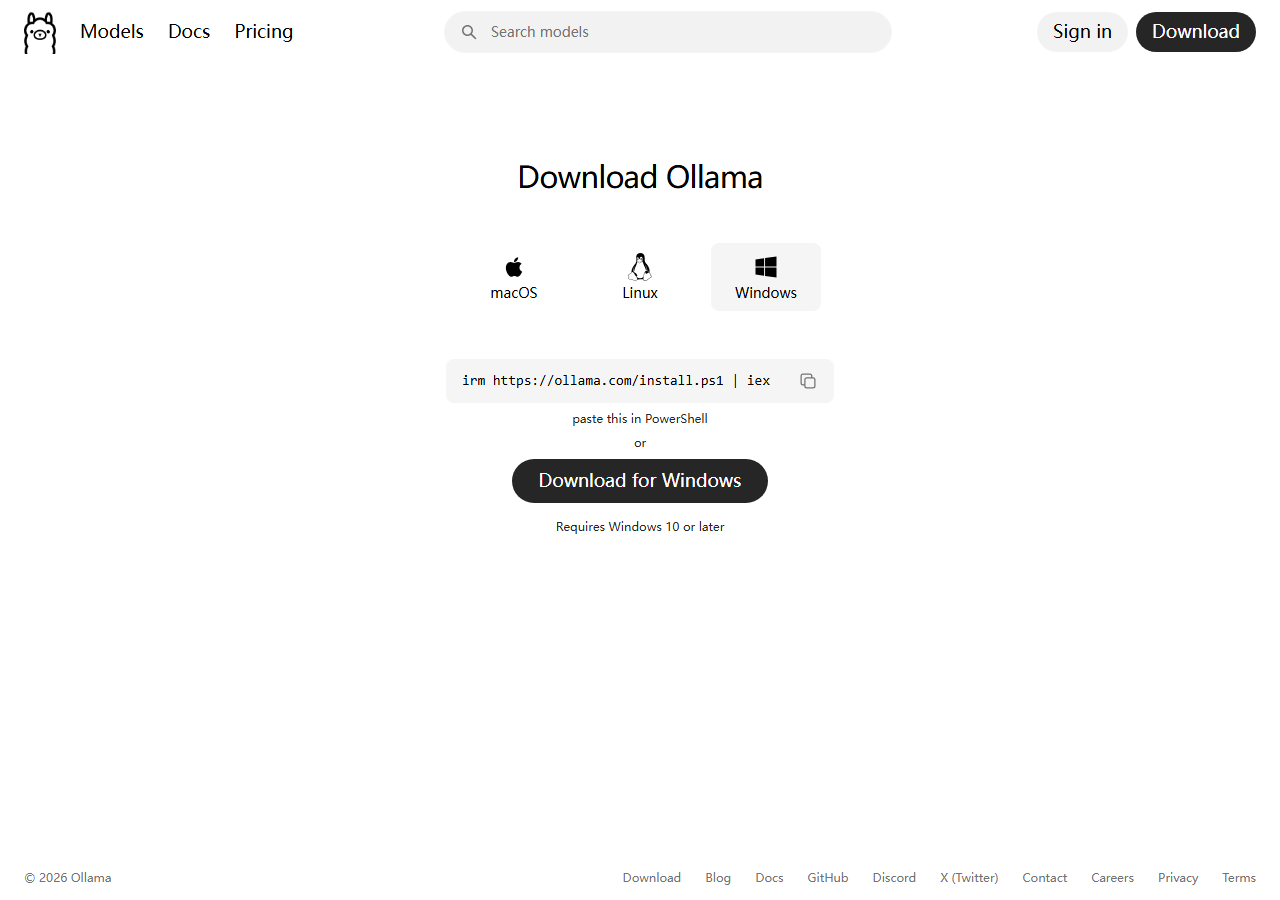 Live screenshot of Ollama download page for choosing OS installer